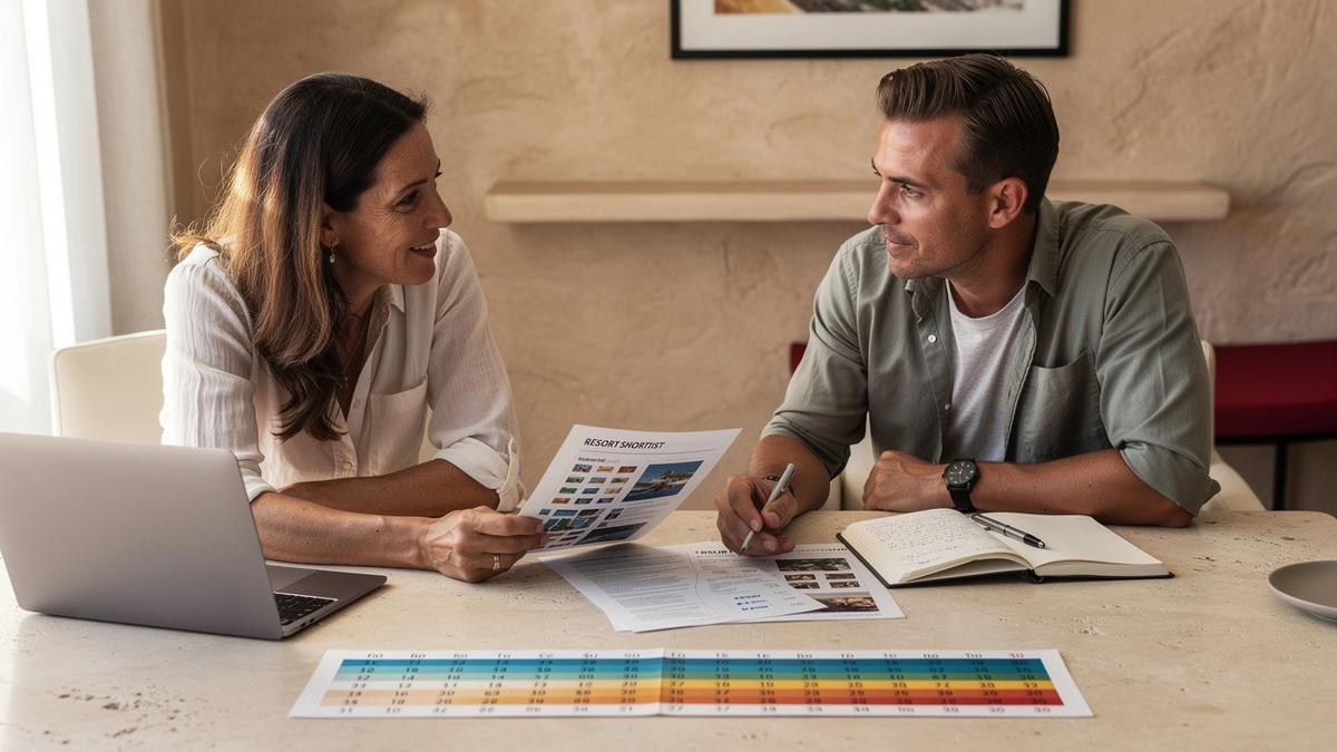 Parent and travel planner reviewing a resort shortlist and weather strip at a table