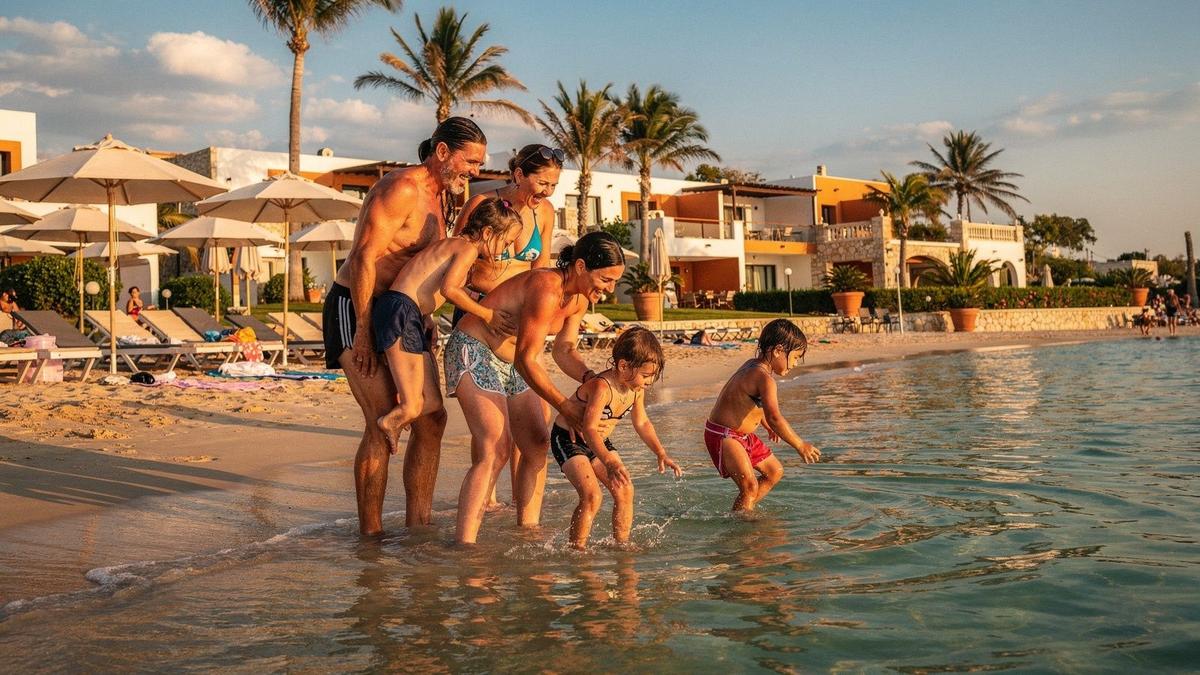 Families wading from a shallow beach entry at a Mediterranean all inclusive resort