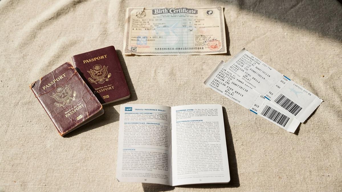 Passports, boarding passes, a travel insurance policy and a child's birth certificate laid out on a table
