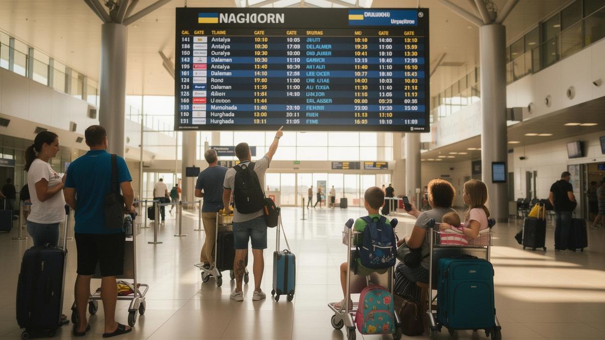 Departure board in an airport terminal listing Antalya, Dalaman and Hurghada flights