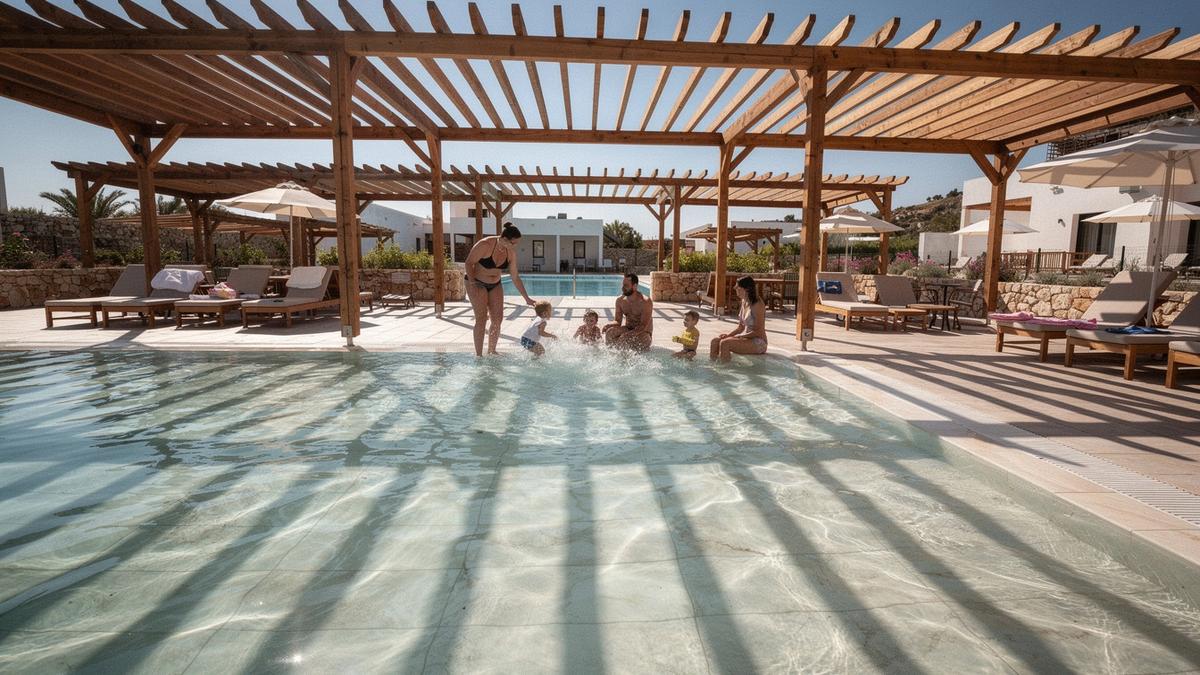 Shaded kids pool with a shallow splash basin and pergola rows at a family beach resort