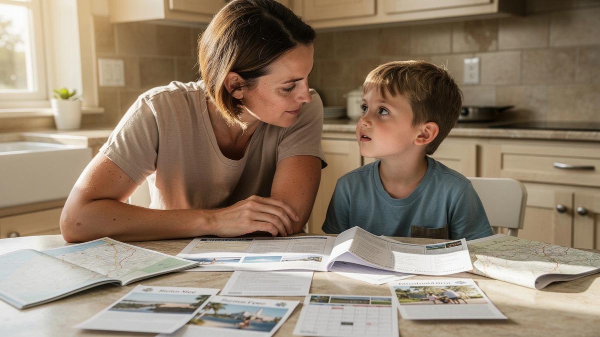 Parent and child comparing printed resort notes and a map at a sunlit table
