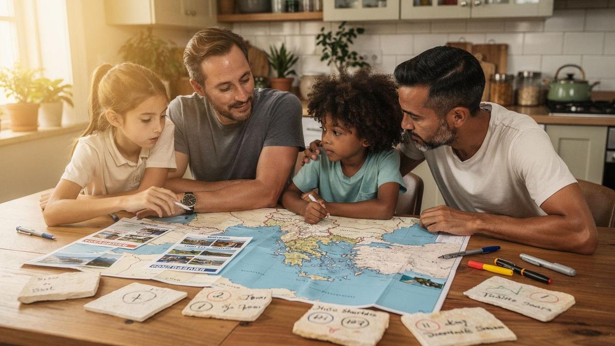 Parents with two children comparing printed resort notes at a kitchen table